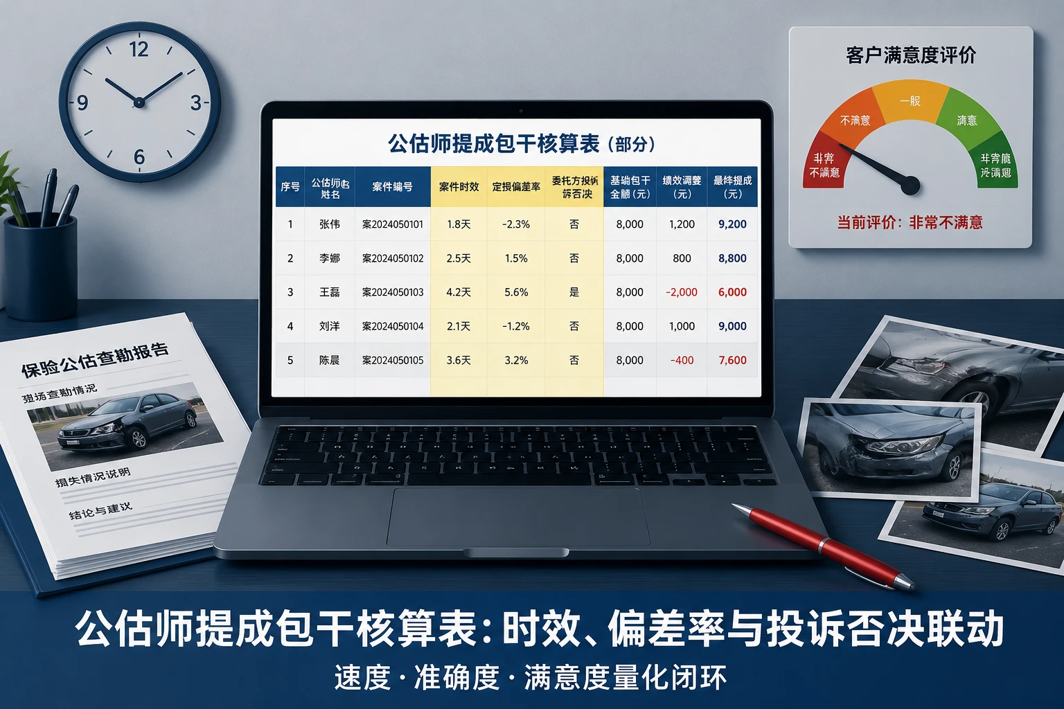 公估师提成包干核算表：案件时效、定损偏差率与委托方投诉否决联动