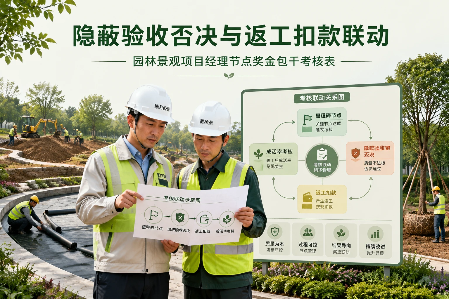 园林景观项目经理节点奖金考核表：隐蔽验收否决与返工扣款联动