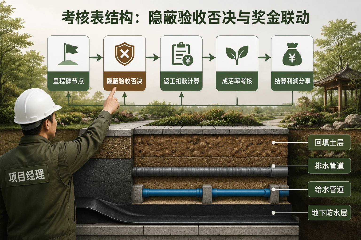 园林景观项目经理节点奖金考核表：隐蔽验收否决与返工扣款联动