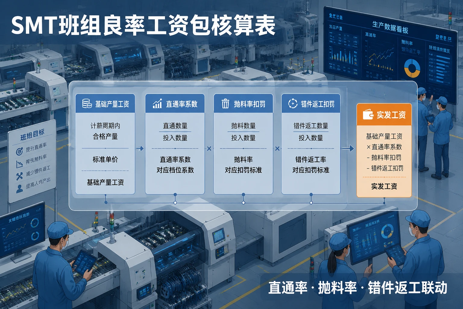 SMT贴片班组良率工资包核算表：直通率、抛料率与错件返工扣罚联动（2026年版）