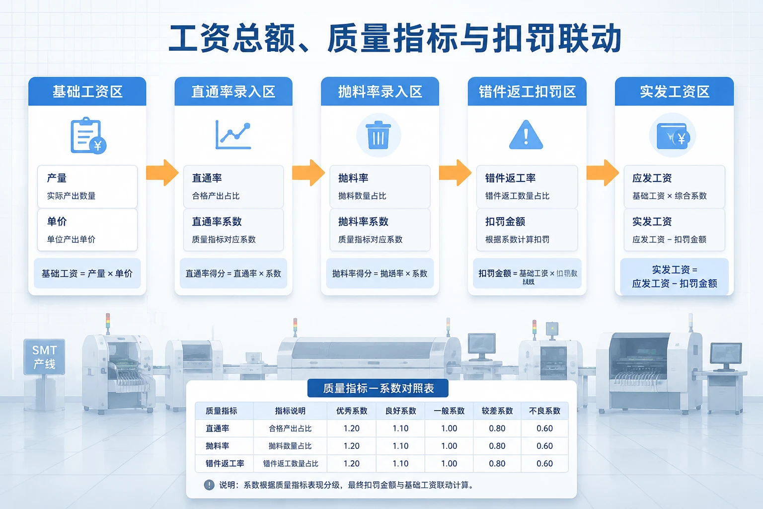 SMT贴片班组良率工资包核算表：直通率、抛料率与错件返工扣罚联动（2026年版）