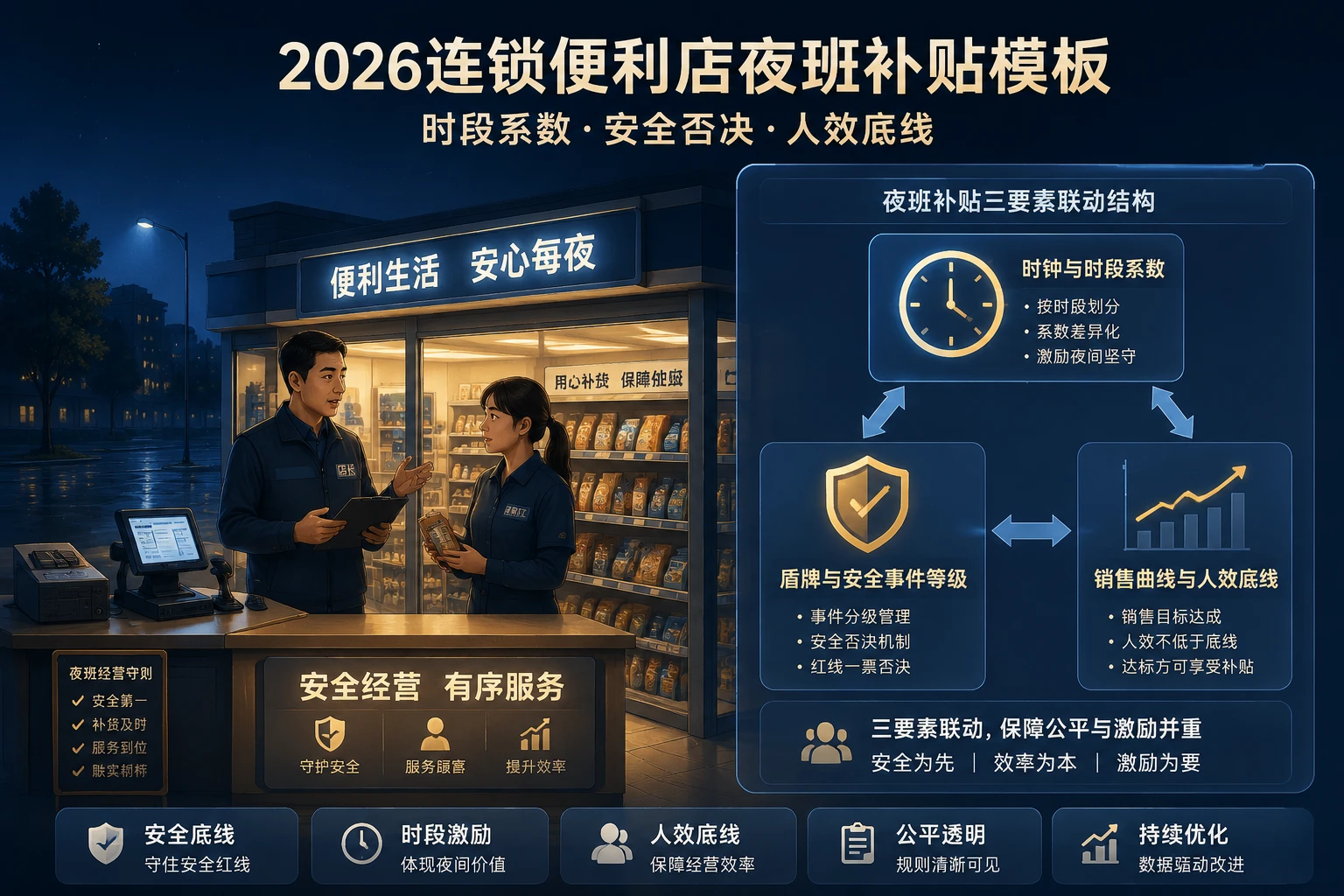 2026年连锁便利店夜班补贴模板：时段系数、安全否决与单班人效底线
