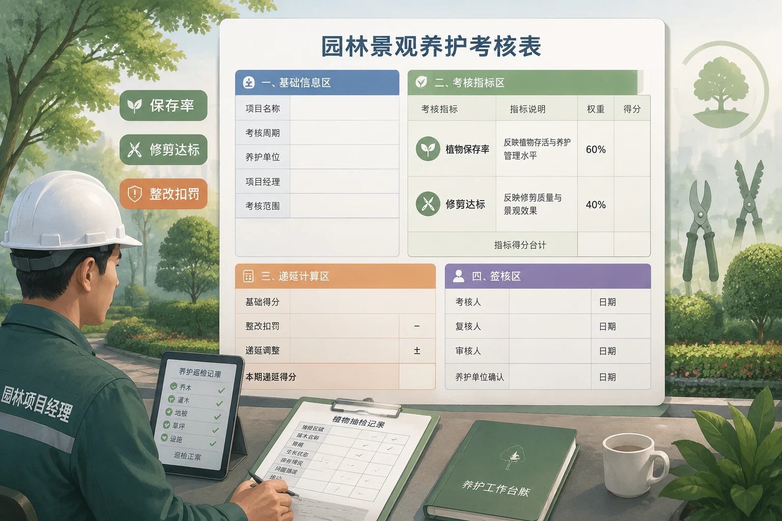 2026年园林养护质保金递延兑现表：保存率、修剪达标与扣罚