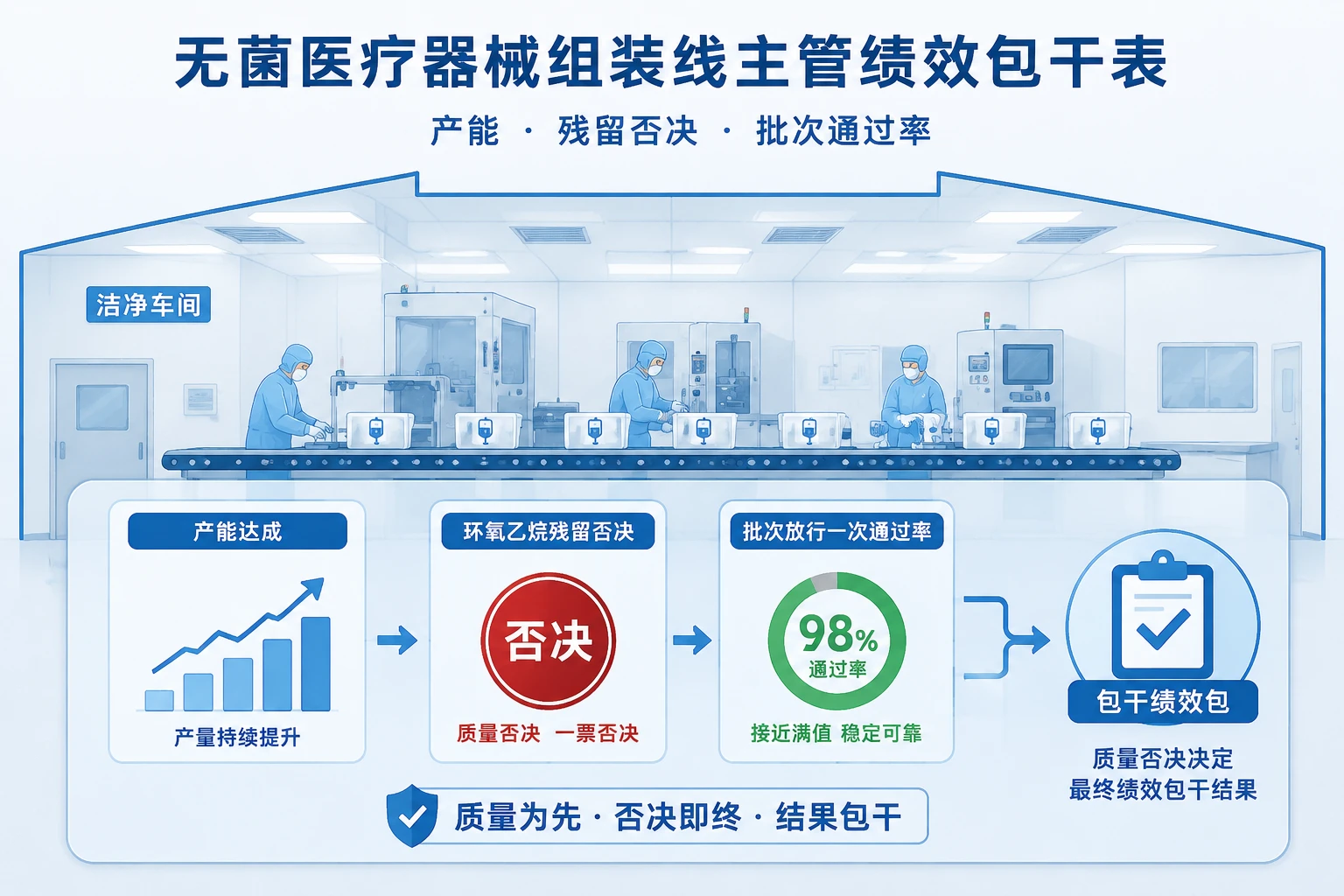 无菌医疗器械组装线主管绩效包干表：产能、环氧乙烷残留否决与批次放行通过率（2026年版）