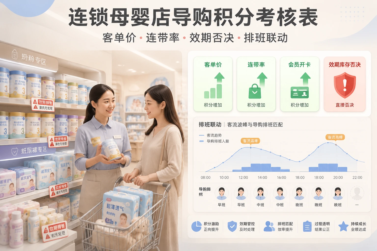 连锁母婴店导购积分考核表：客单价、连带率、效期否决与排班联动（2026年版）