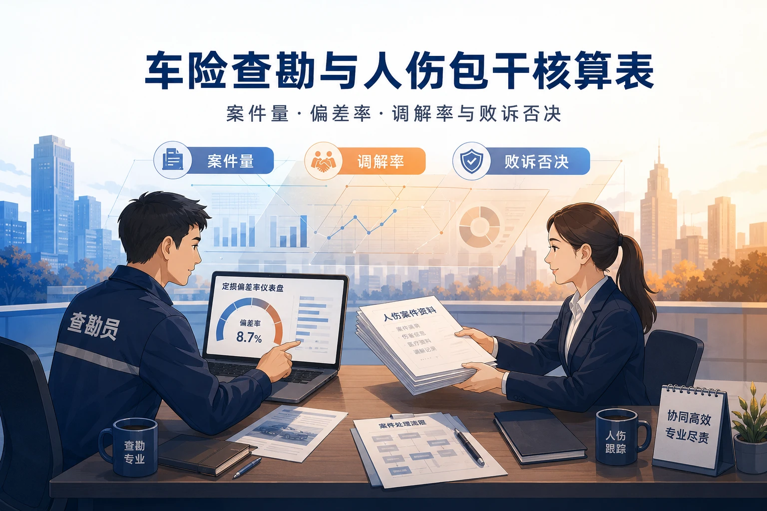 车险查勘与人伤包干核算表：案件量、偏差率、调解率与败诉否决