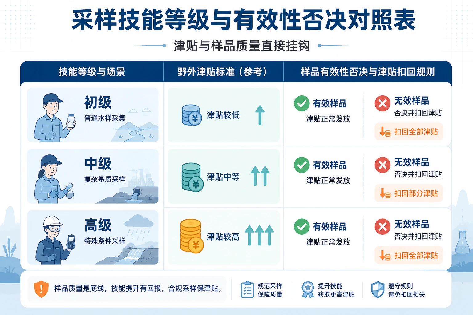环境采样技能津贴与报告审核绩效包干表：样品否决、数据差错与签发返工扣罚