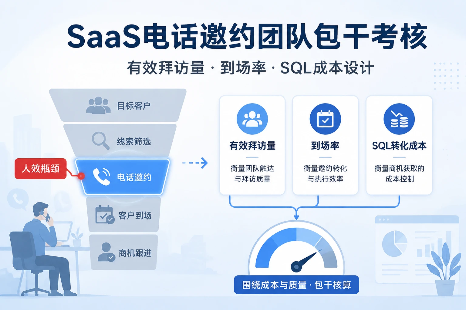 SaaS电话邀约团队包干考核：有效拜访量、到场率与SQL成本设计
