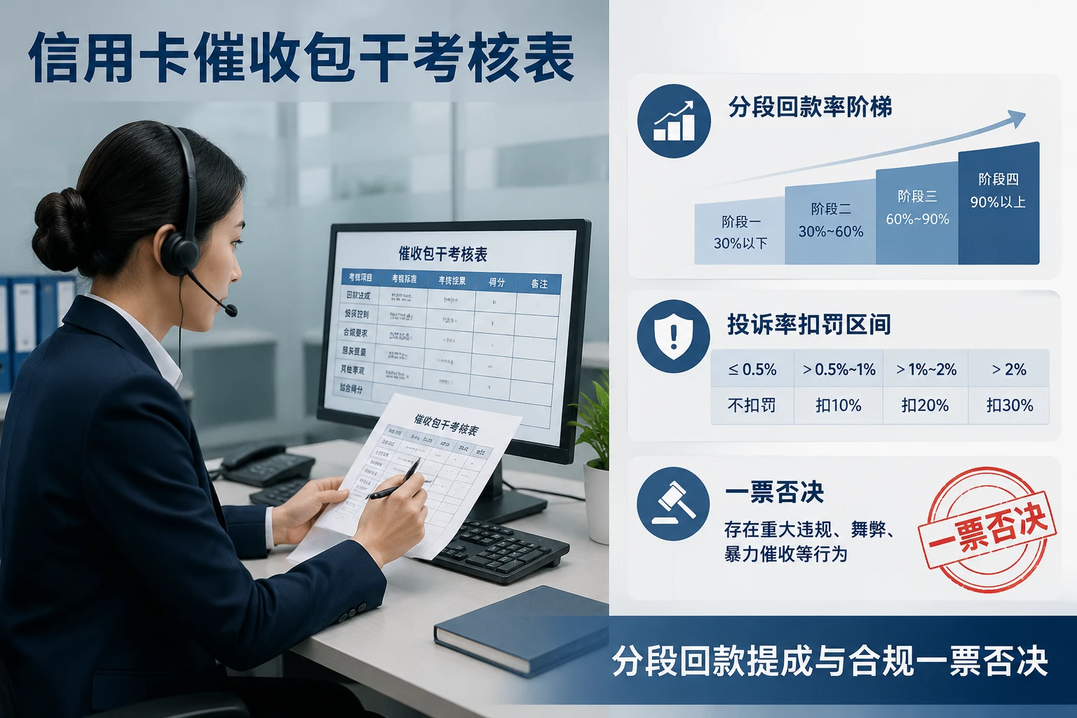 信用卡催收专员回款包干考核表：分段回款提成与合规一票否决