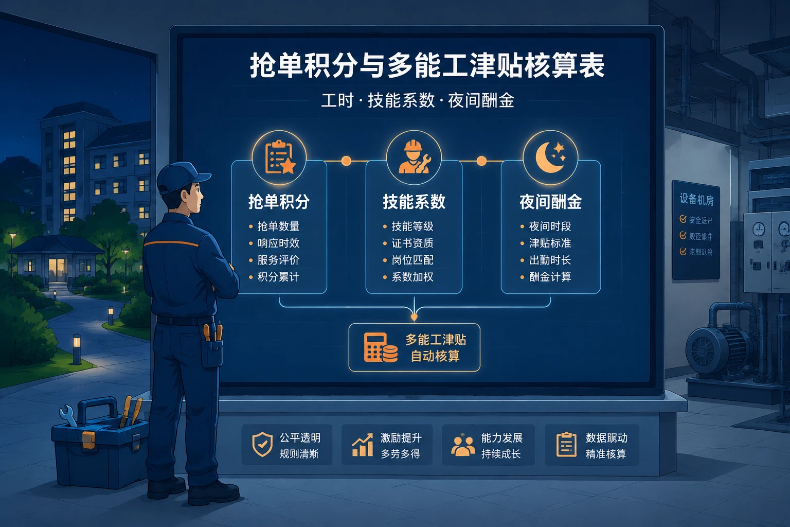 物业工程抢单积分与多能工津贴表：工时、技能系数与夜间酬金（2026年版）
