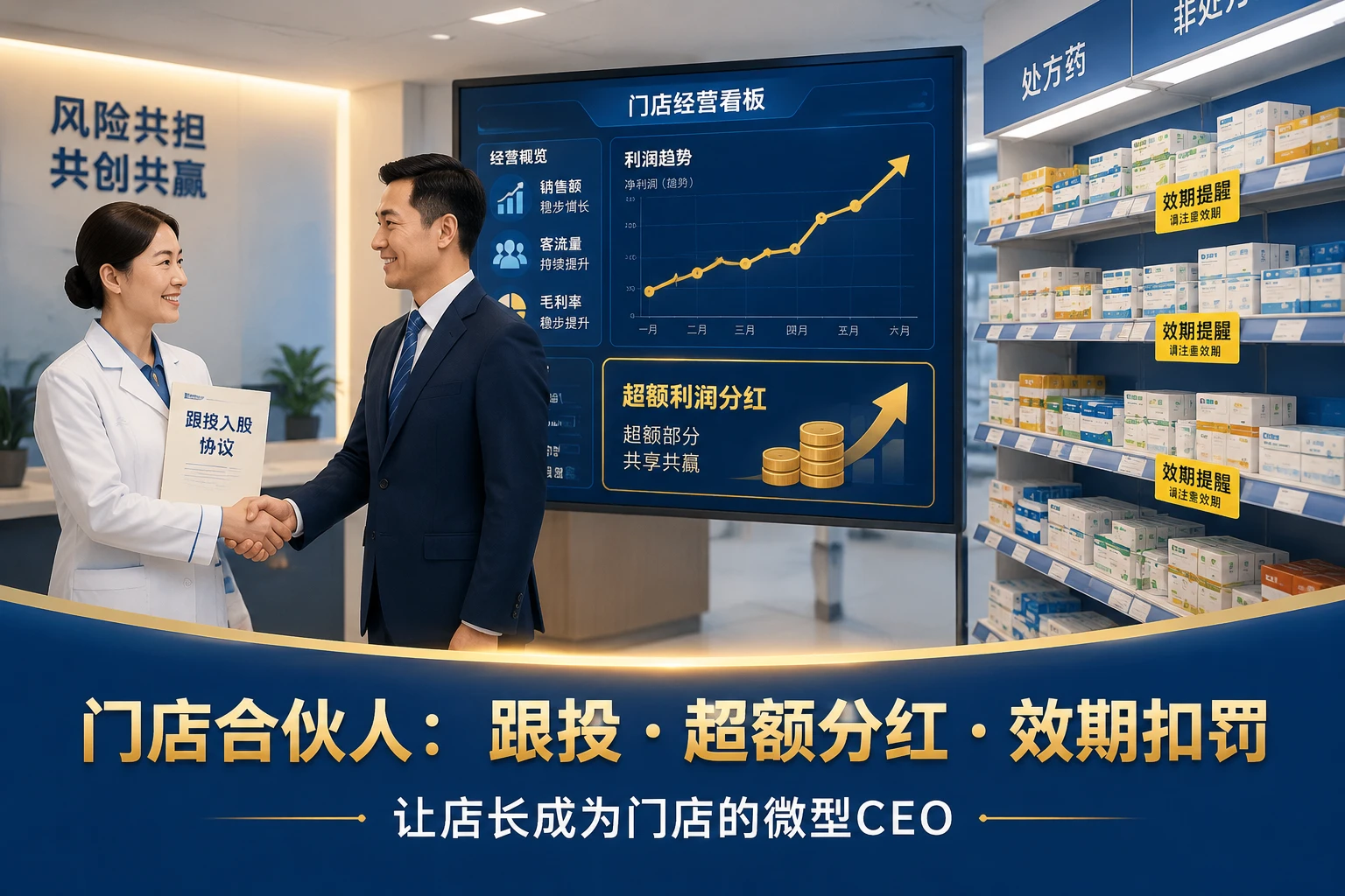 连锁药房门店合伙人分红方案：跟投入股、超额利润与效期扣罚