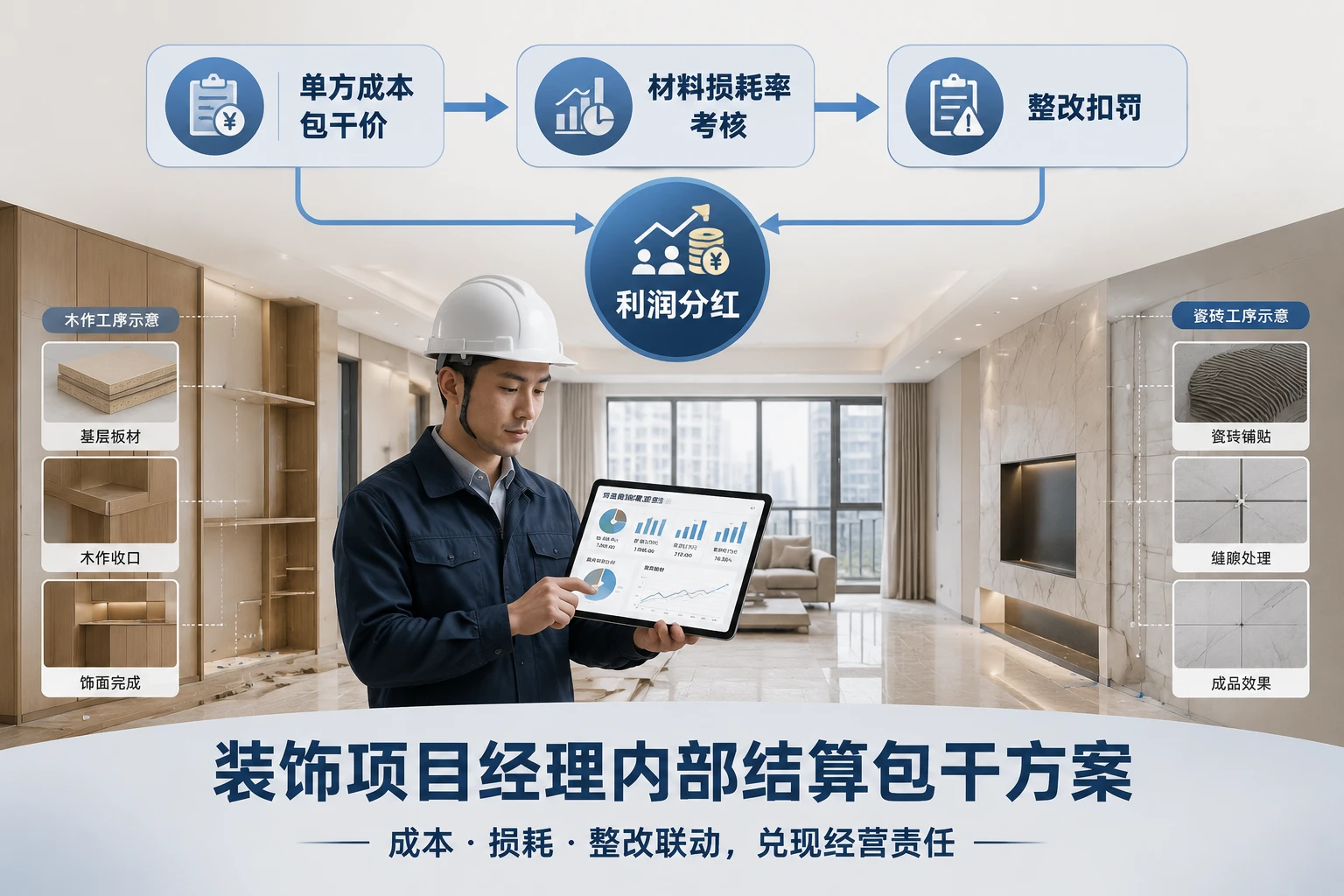 装饰项目经理内部结算包干：单方成本、材料损耗率与整改扣罚（2026年版）