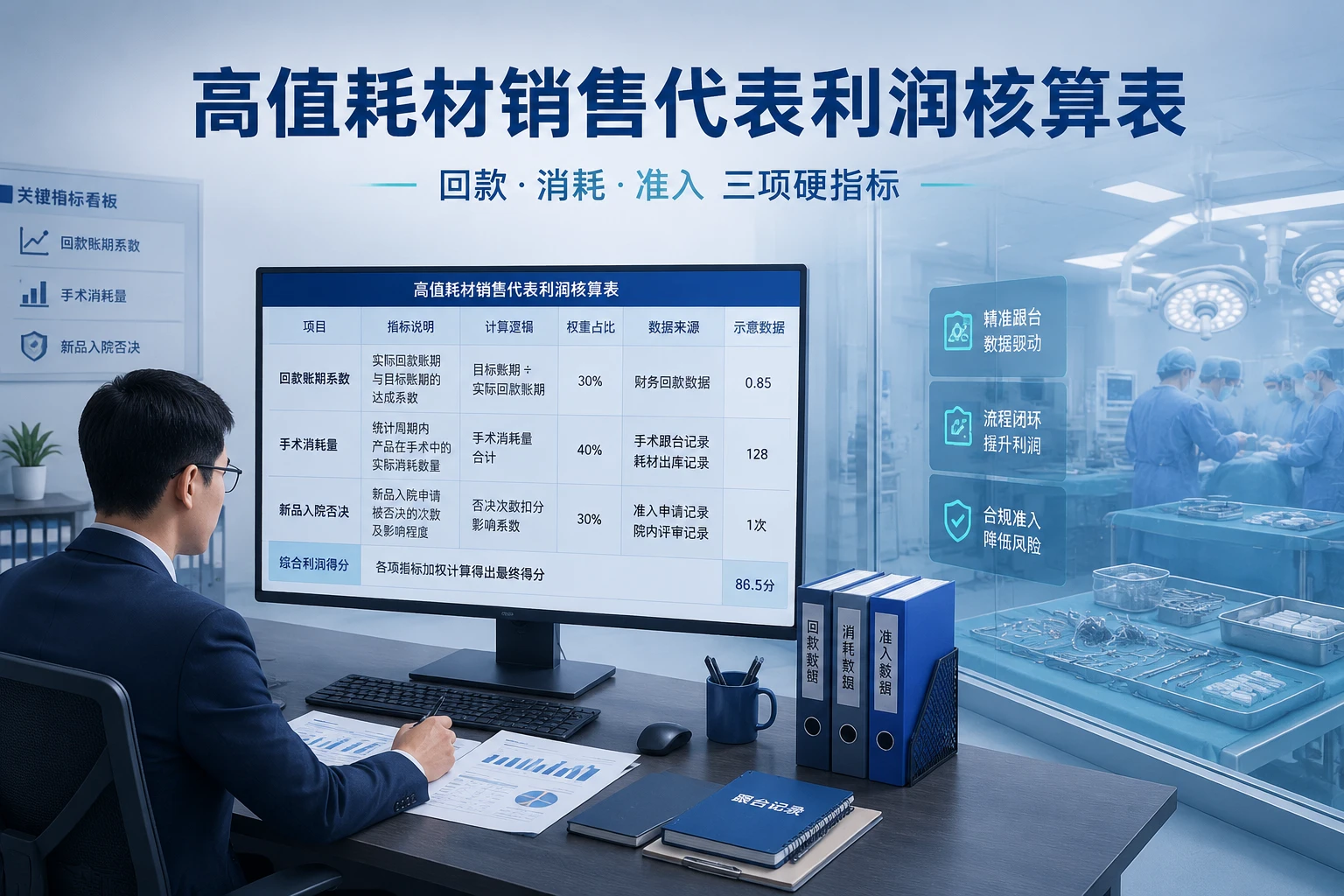 高值耗材销售代表利润核算表：回款账期系数、单台手术消耗量与新品入院否决