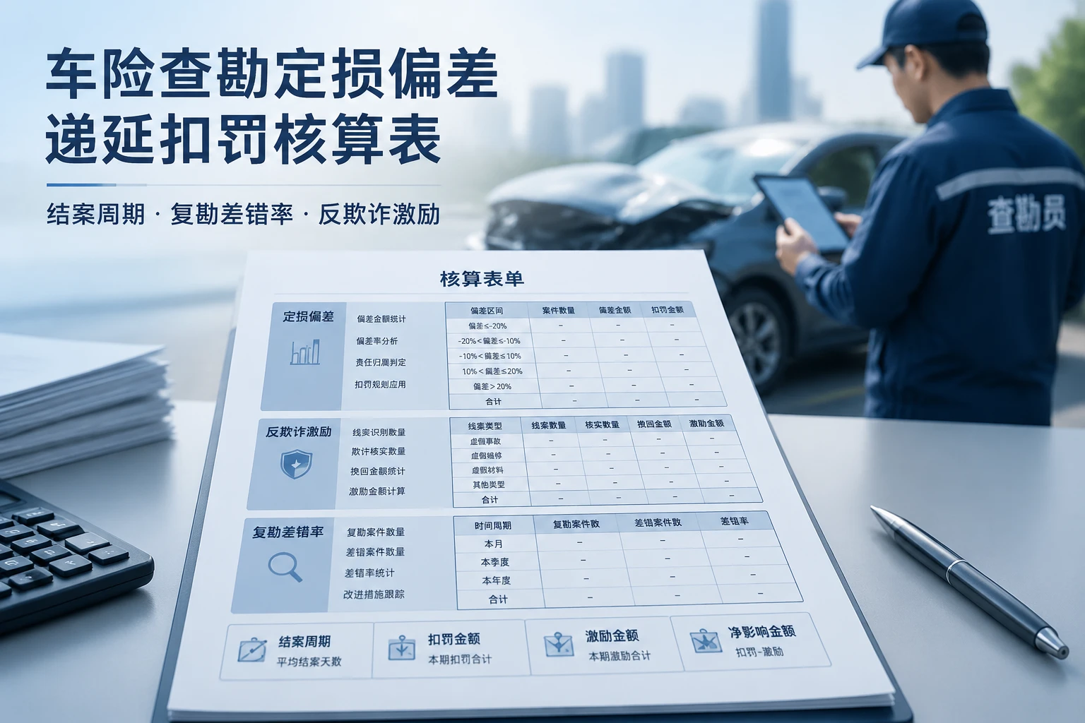 车险查勘定损偏差递延扣罚核算表：结案周期、复勘差错率与反欺诈激励（2026年版）