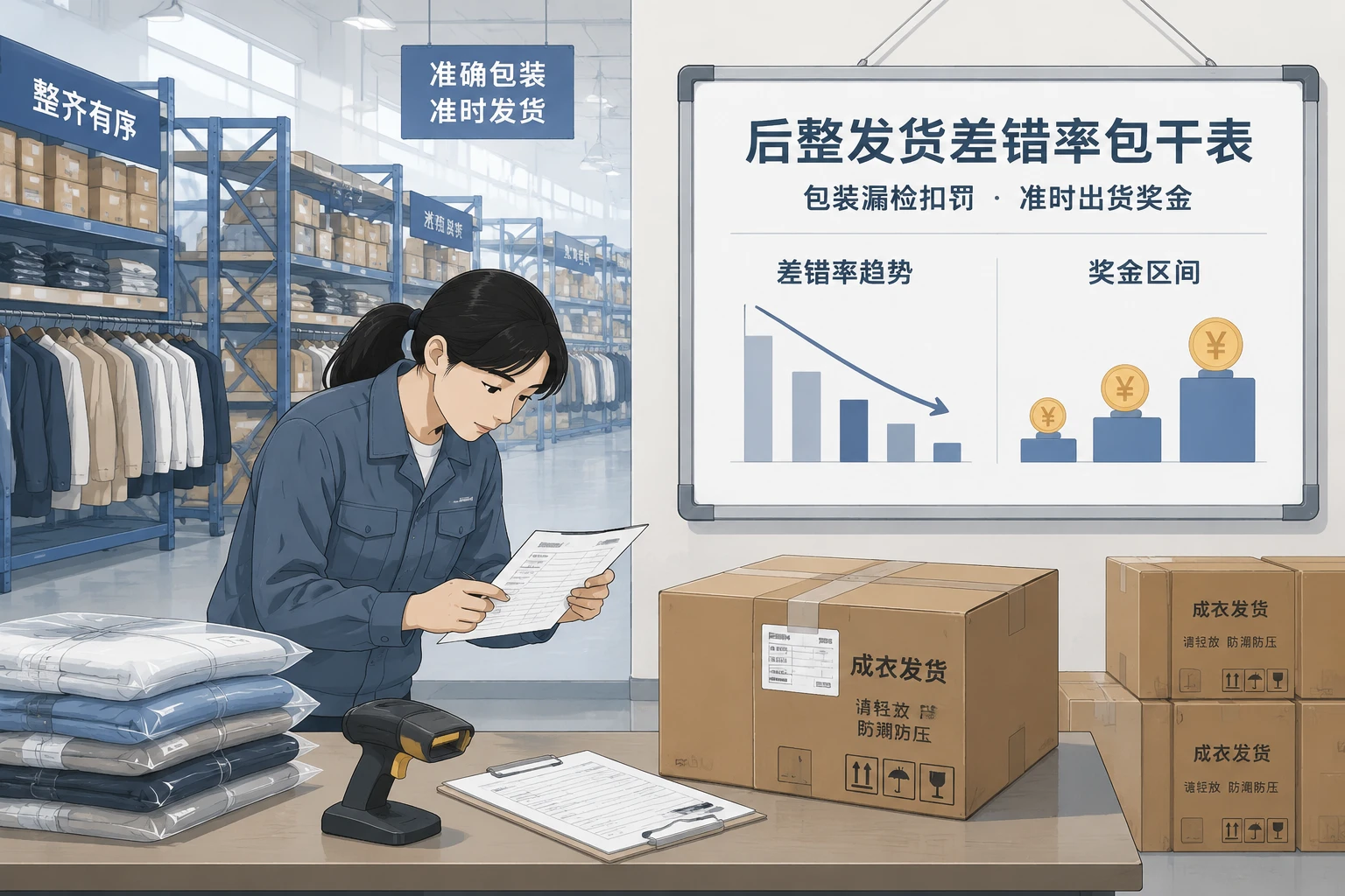 服装后整发货差错率包干表：包装漏检扣罚、码错与准时出货奖金