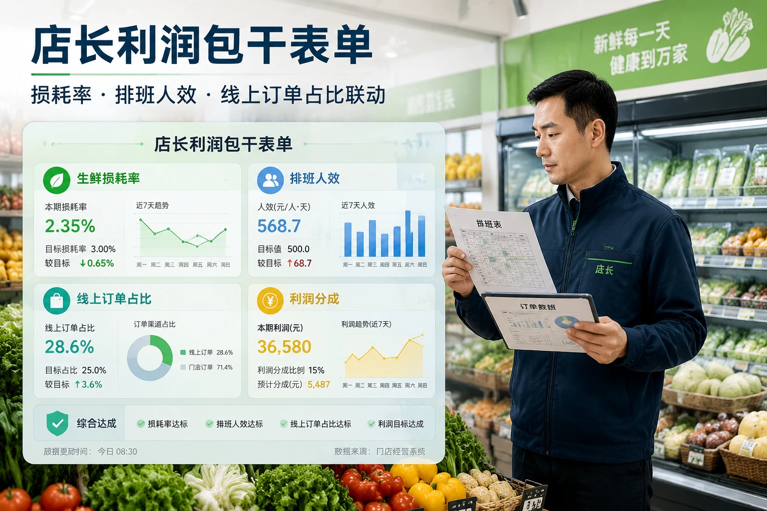 连锁生鲜店店长利润包干表单：损耗率、排班人效与线上订单占比联动