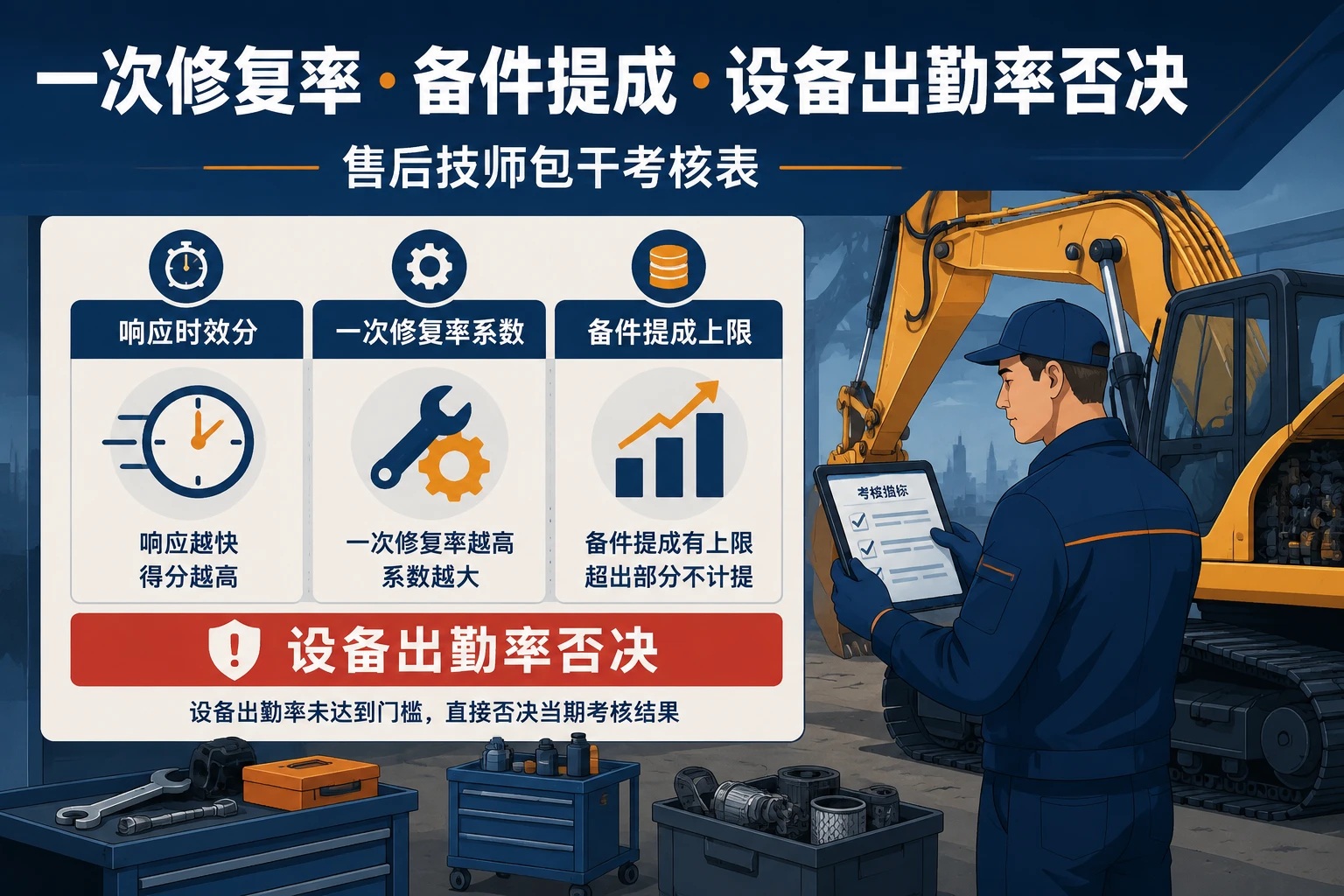 2026年挖掘机租赁售后技师包干考核表：一次修复率、备件提成与设备出勤率否决