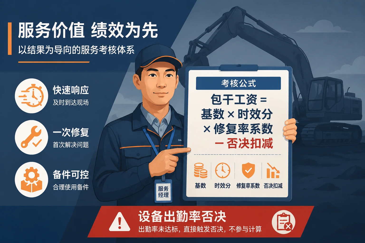 2026年挖掘机租赁售后技师包干考核表：一次修复率、备件提成与设备出勤率否决