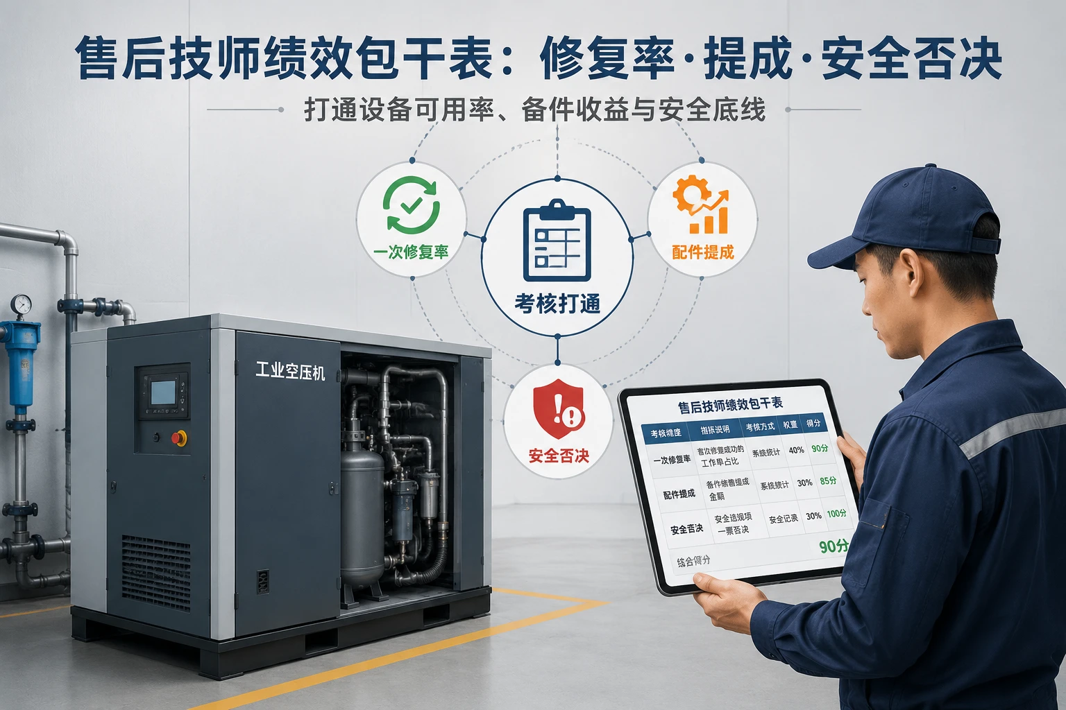 工业空压机租赁售后技师绩效包干表：一次修复率、配件提成与安全否决（2026年版）
