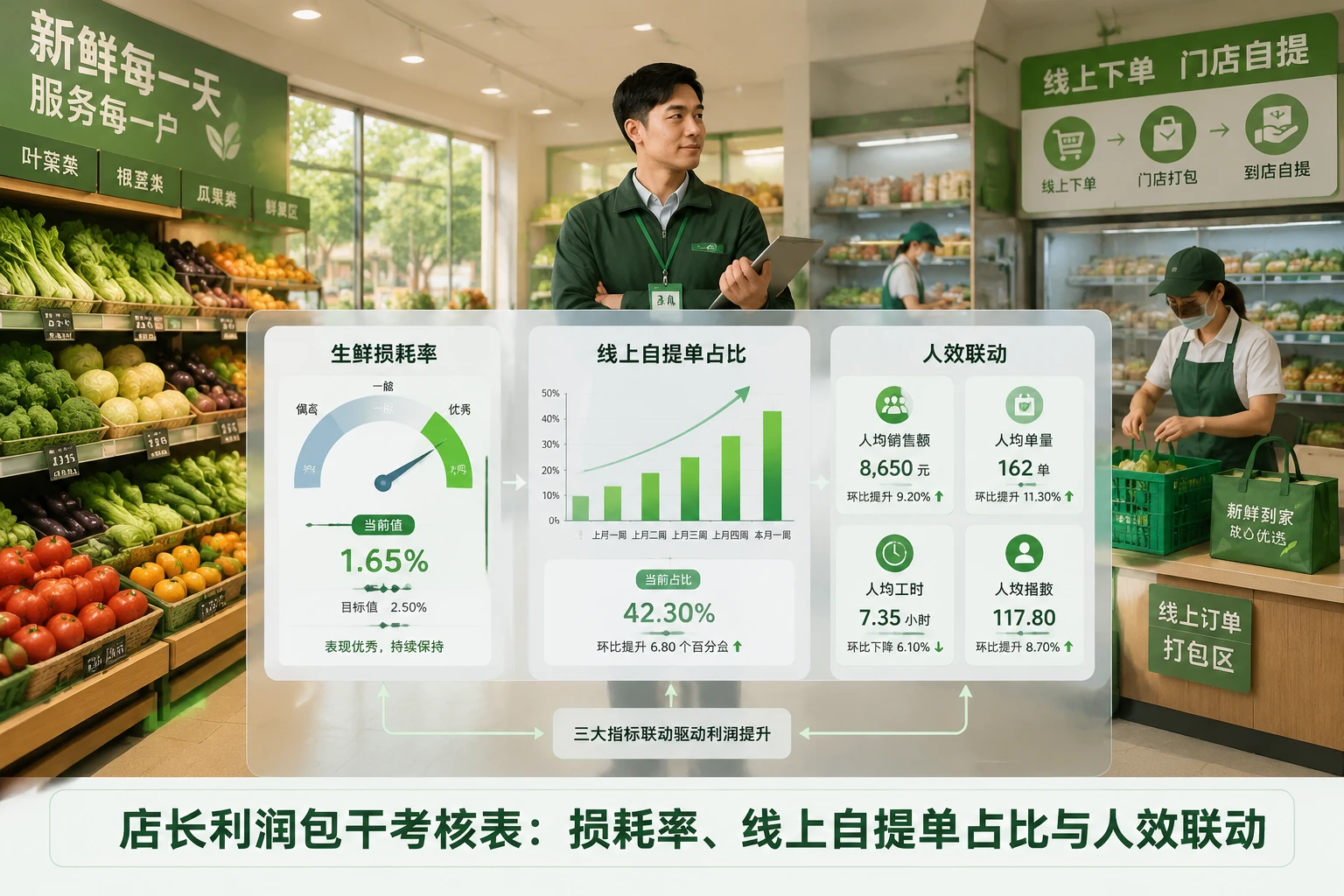 社区生鲜店店长利润包干考核表：损耗率、线上自提单占比与人效联动