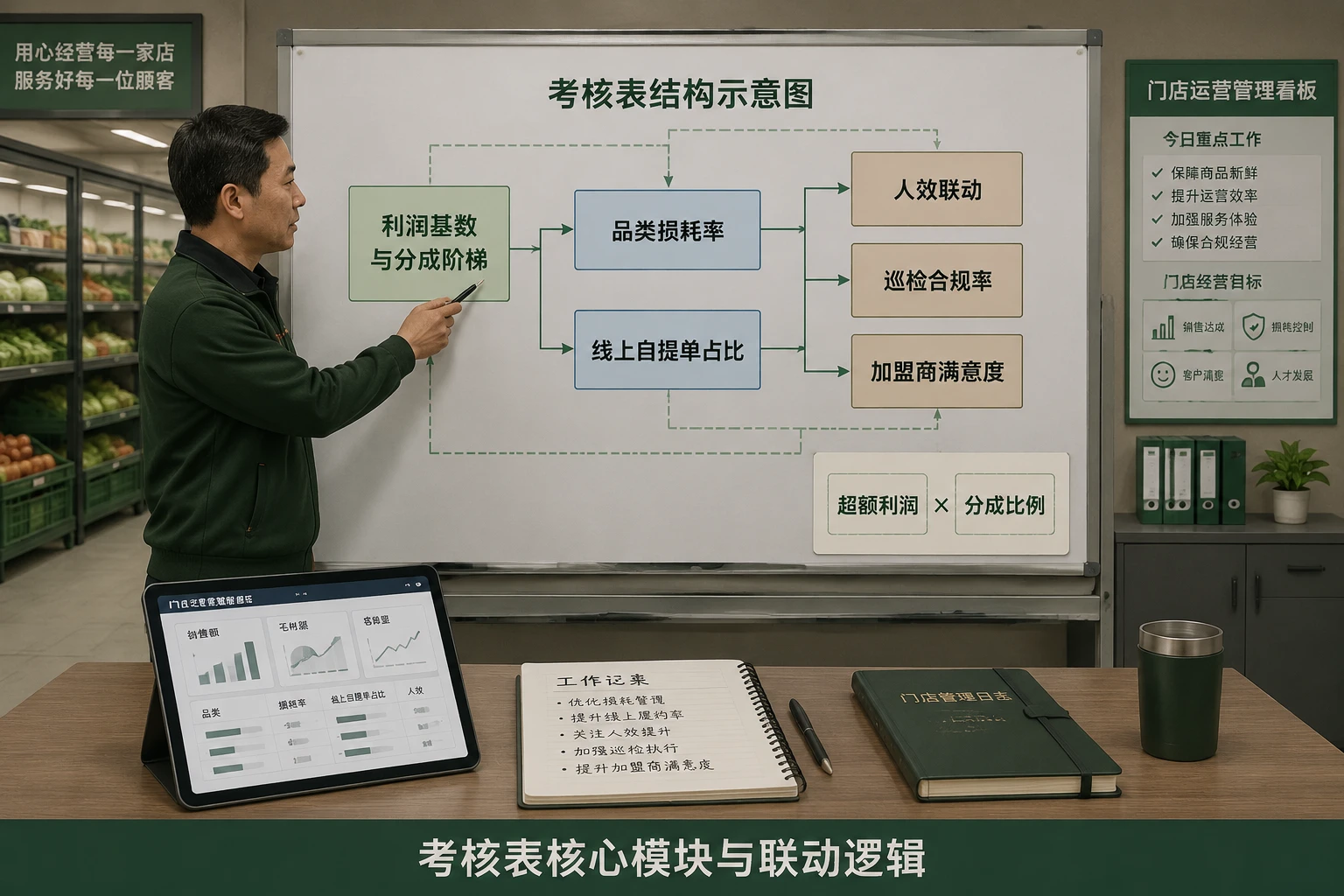 社区生鲜店店长利润包干考核表：损耗率、线上自提单占比与人效联动
