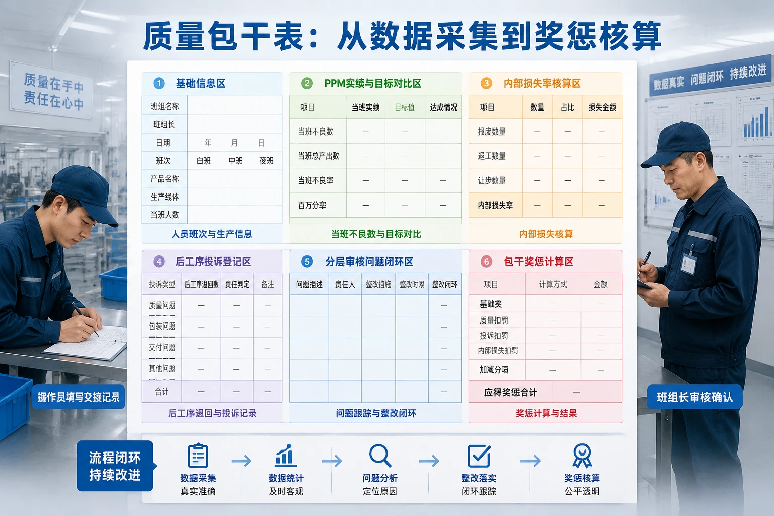 汽车零部件班组长PPM质量包干表：内部损失率、后工序投诉与分层审核