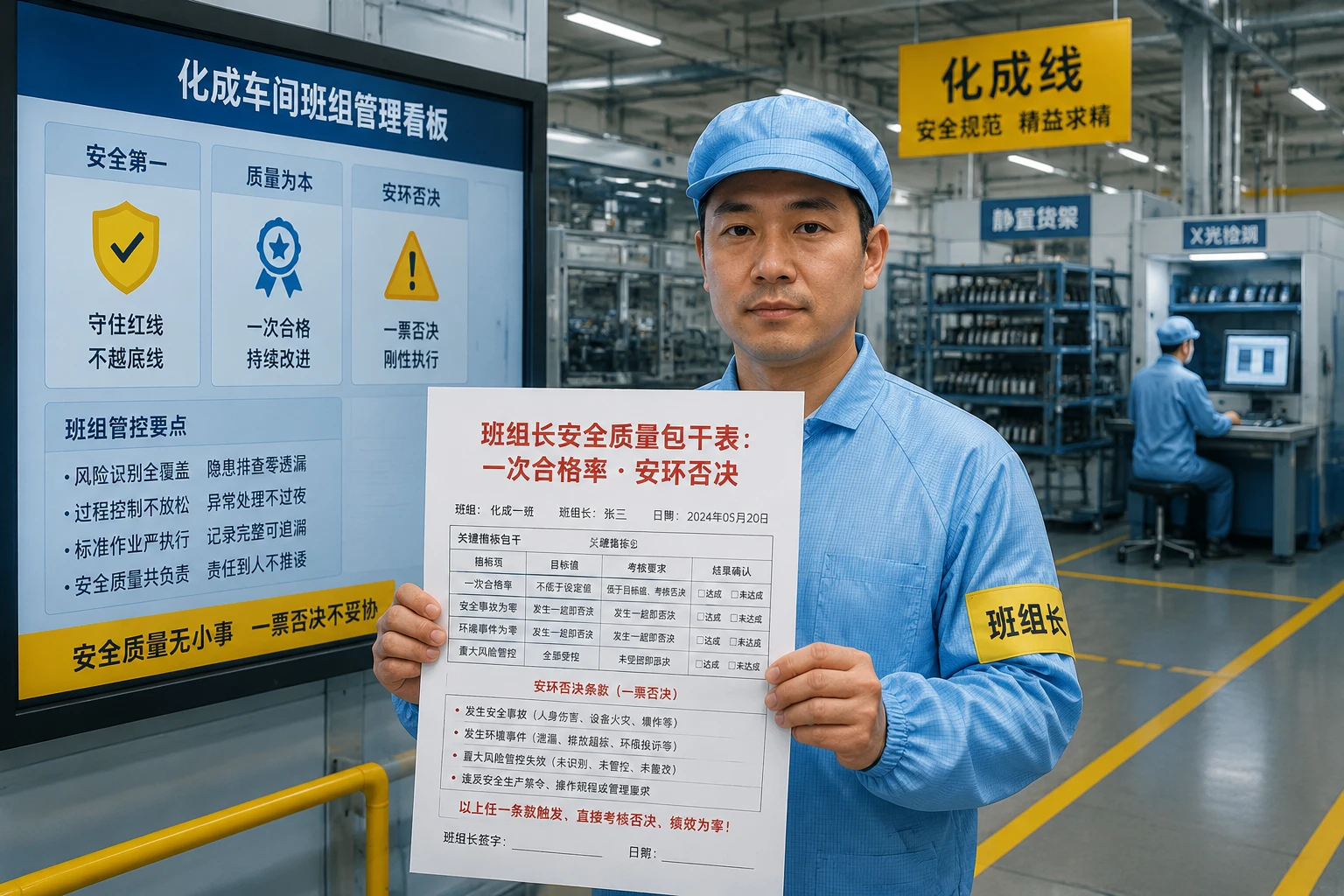 动力电池化成车间班组长安全质量包干表：一次合格率、X-Ray误判与安环否决