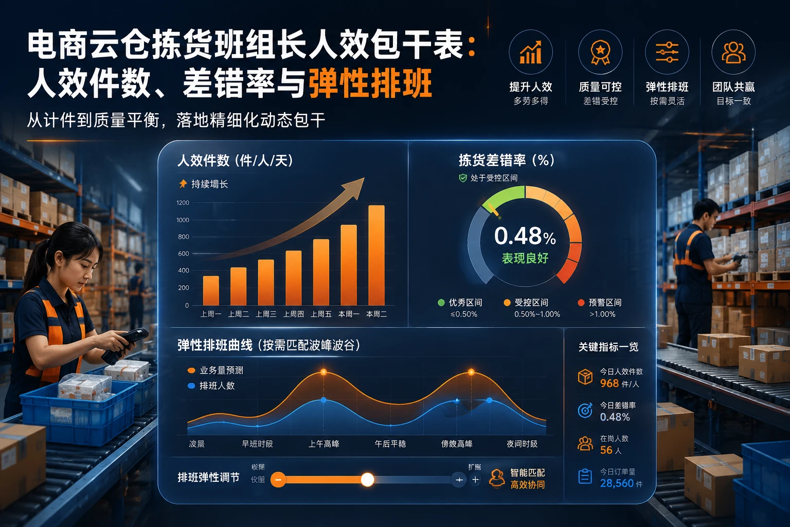 电商云仓拣货班组长人效包干表：人效件数、差错率与弹性排班