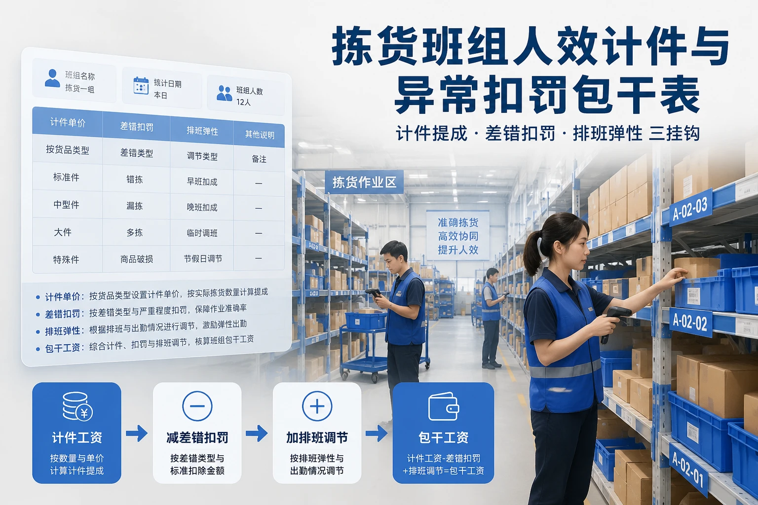 电商云仓拣货班组人效计件与异常扣罚包干表模板