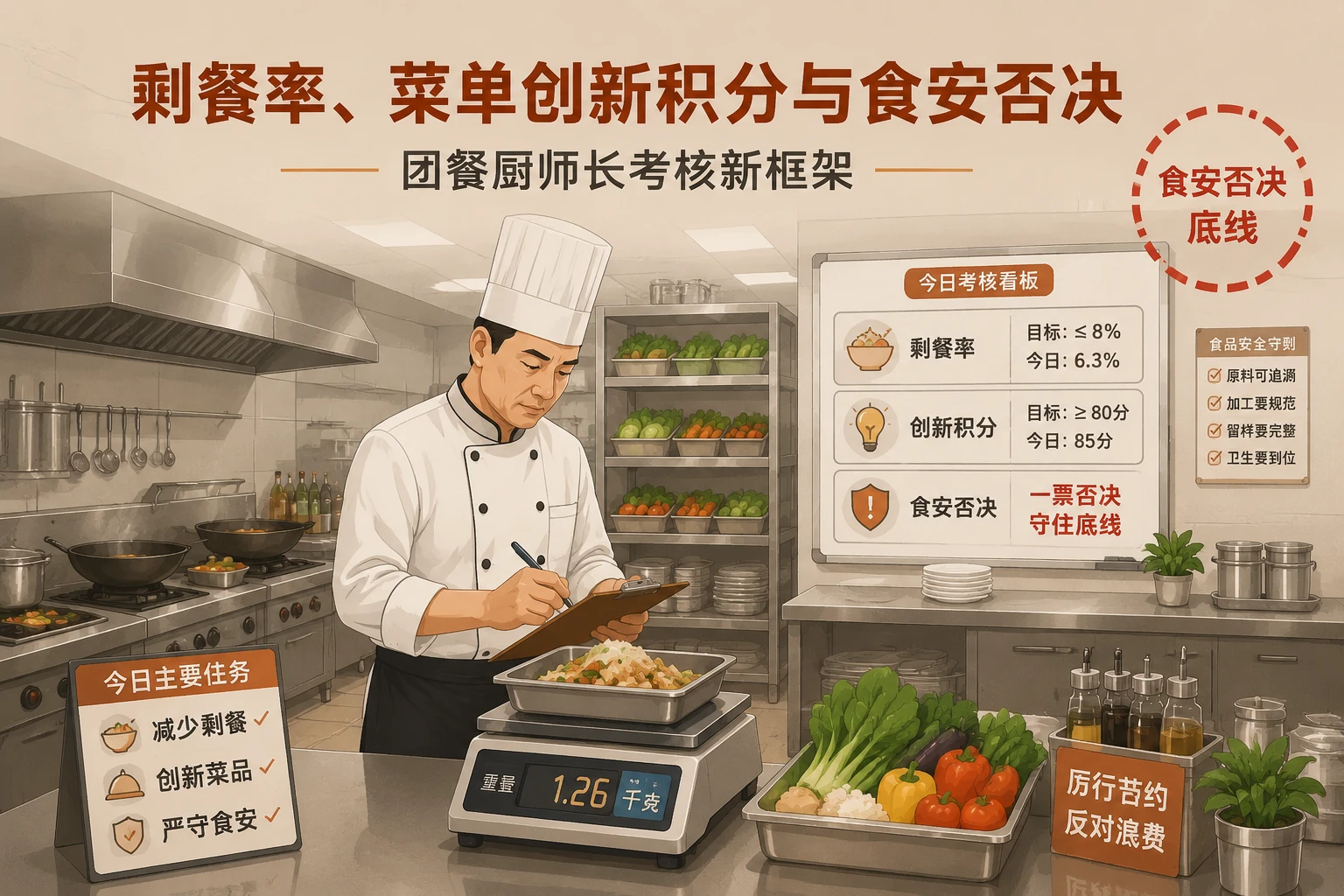 团餐厨师长考核：剩餐率、菜单创新积分与食安否决（2026年版）