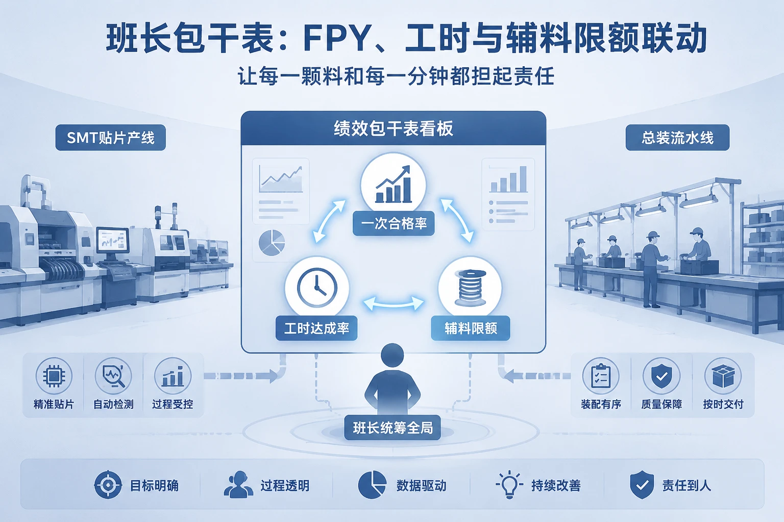 智能音箱总装班长包干表：FPY、工时达成率与辅料限额联动