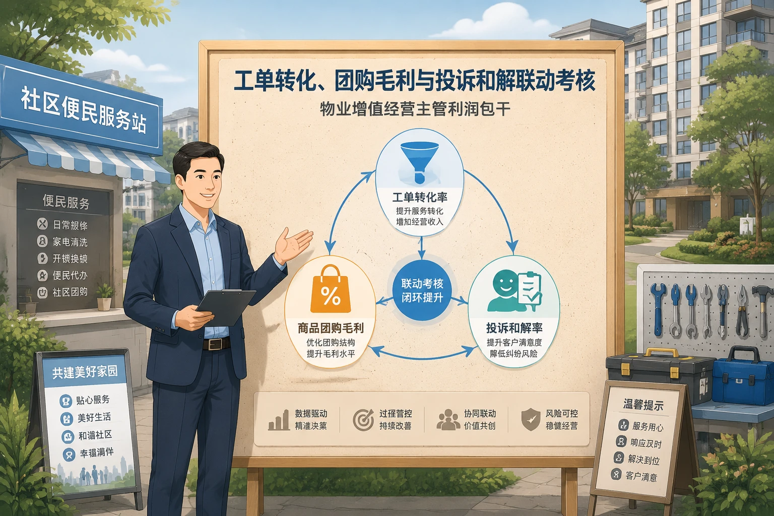 物业增值经营主管利润包干：工单转化、团购毛利与投诉和解联动考核