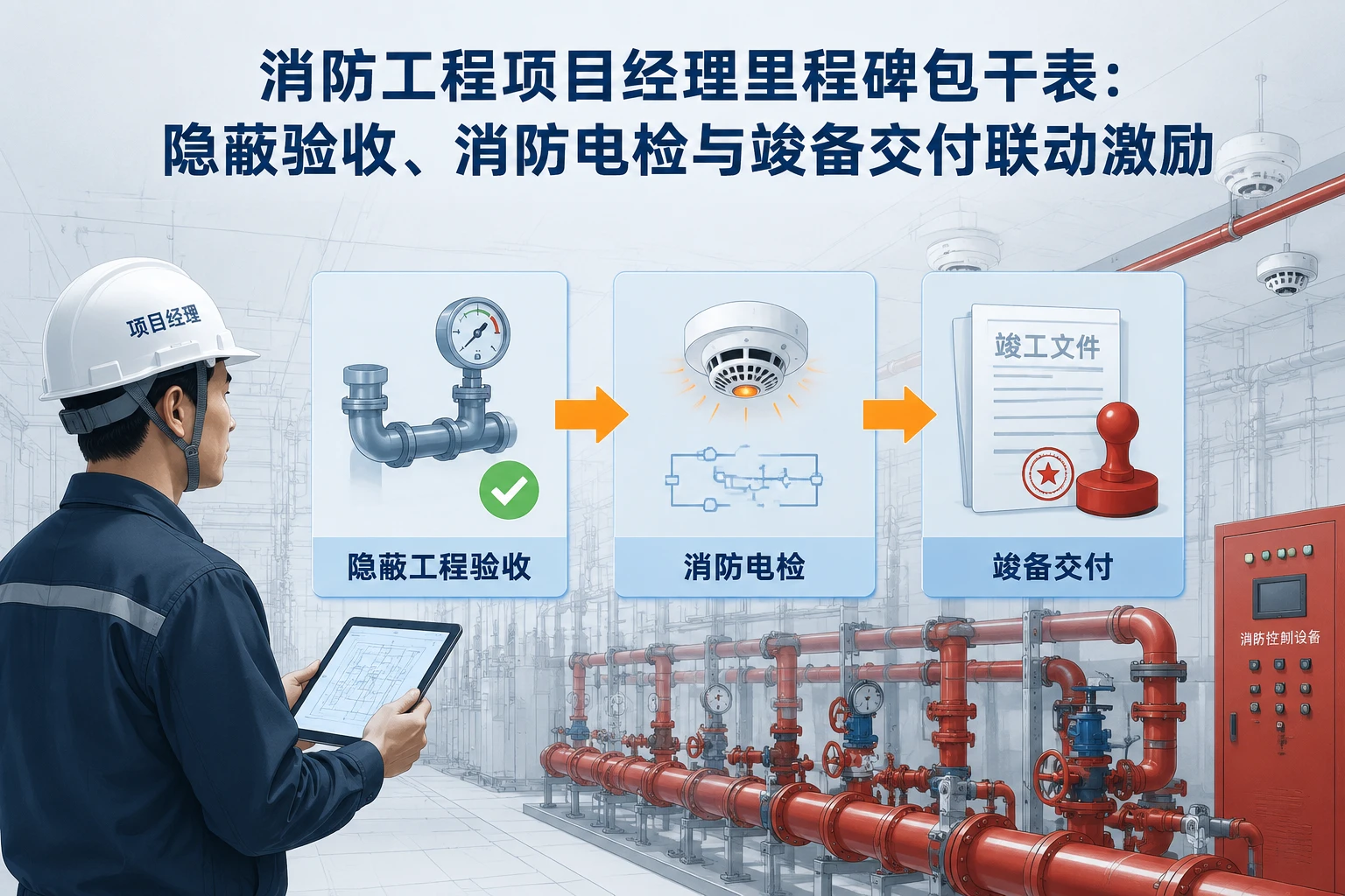 消防工程项目经理里程碑包干表：隐蔽验收、消防电检与竣备交付联动激励