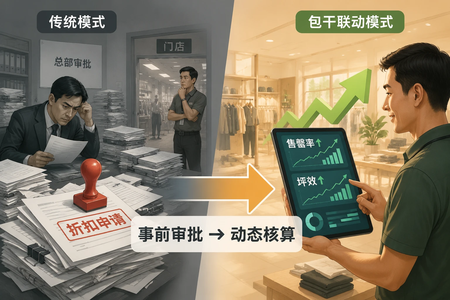 连锁服饰店长包干表：折扣率、坪效与人效分红联动设计