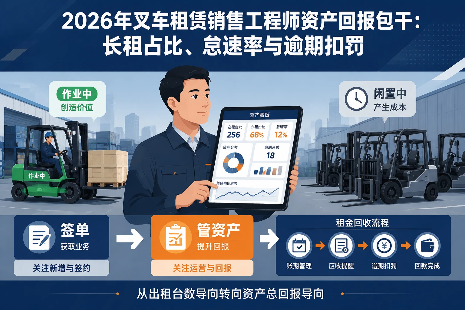 2026年叉车租赁销售工程师资产回报包干：长租占比、怠速率与逾期扣罚