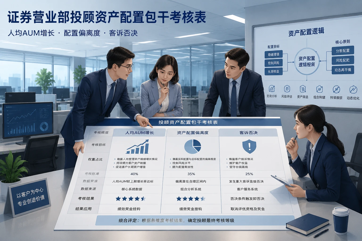 证券营业部投顾资产配置包干考核表：人均AUM增长、配置偏离度与客诉否决