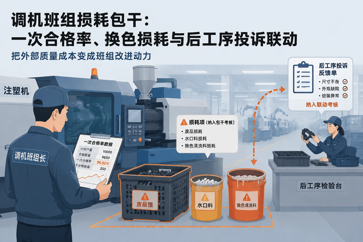 注塑车间调机班组长损耗包干：一次合格率、换色损耗与后工序投诉联动