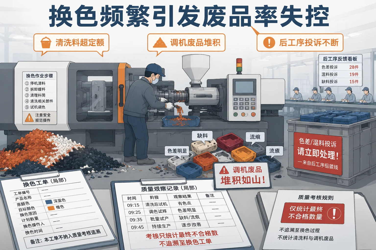 注塑车间调机班组长损耗包干：一次合格率、换色损耗与后工序投诉联动