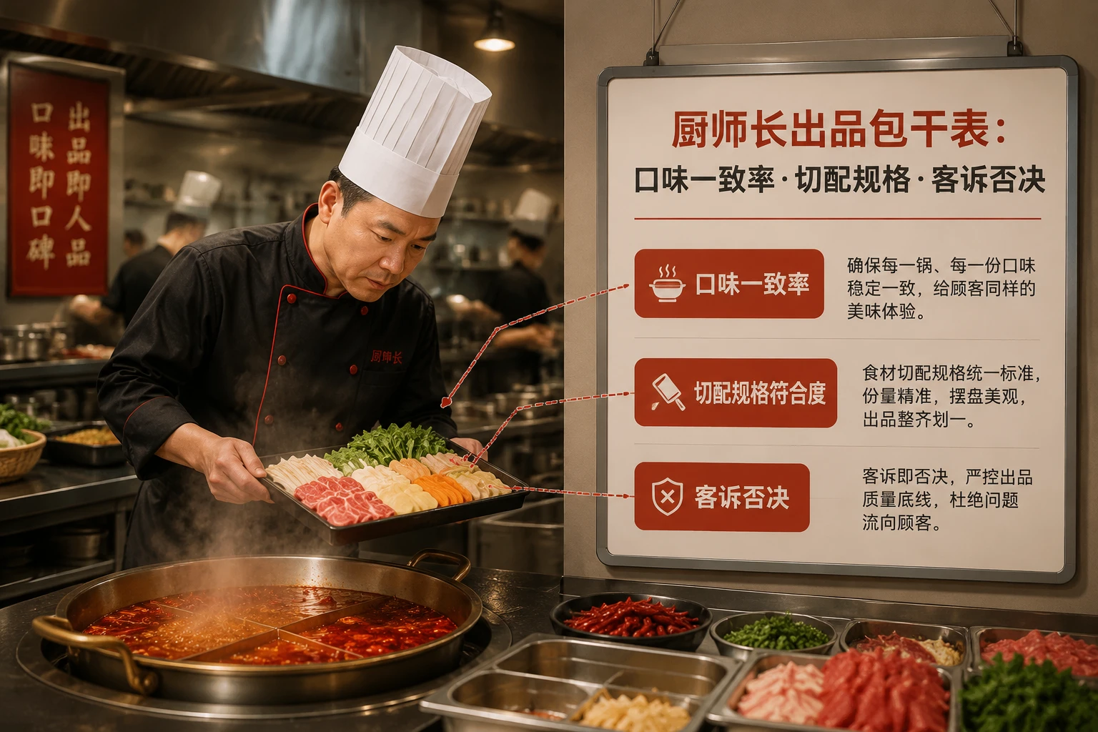 连锁火锅厨师长出品包干表：口味一致率、切配规格符合度与客诉否决