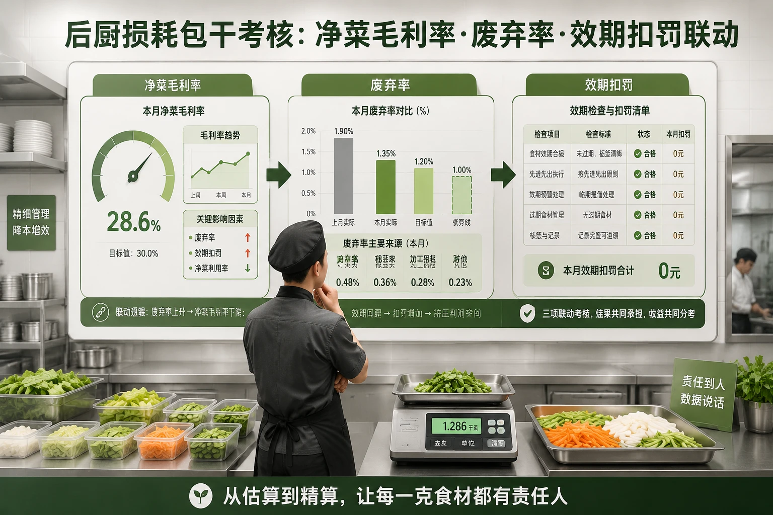 2026年连锁快餐后厨损耗包干表：净菜毛利率、废弃率与效期扣罚考核