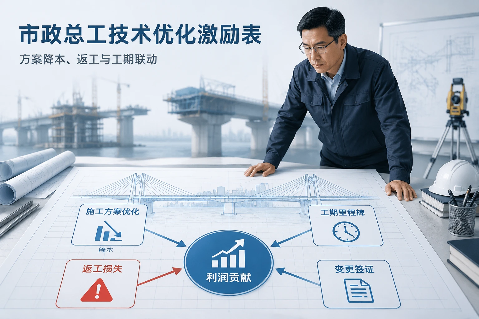市政总工技术优化激励表：方案降本、返工与工期联动