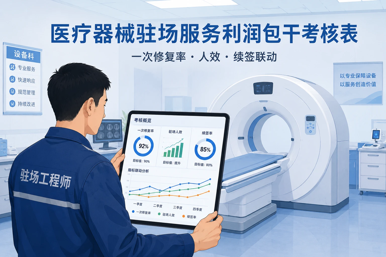 医疗器械售后驻场包干考核表：一次修复率、人效与续签联动