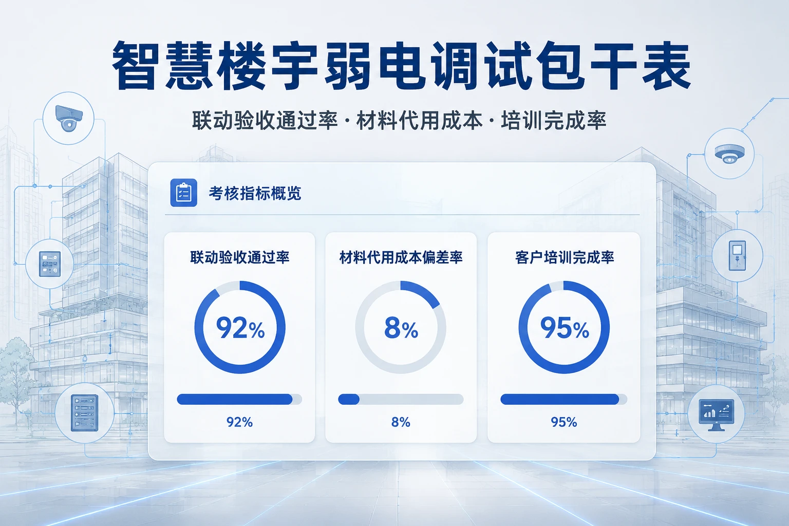智慧楼宇弱电调试包干表：联动验收通过率·材料代用成本·培训完成率