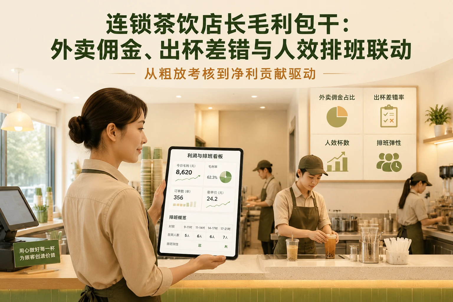 连锁茶饮店长毛利包干：外卖佣金、出杯差错与人效排班联动