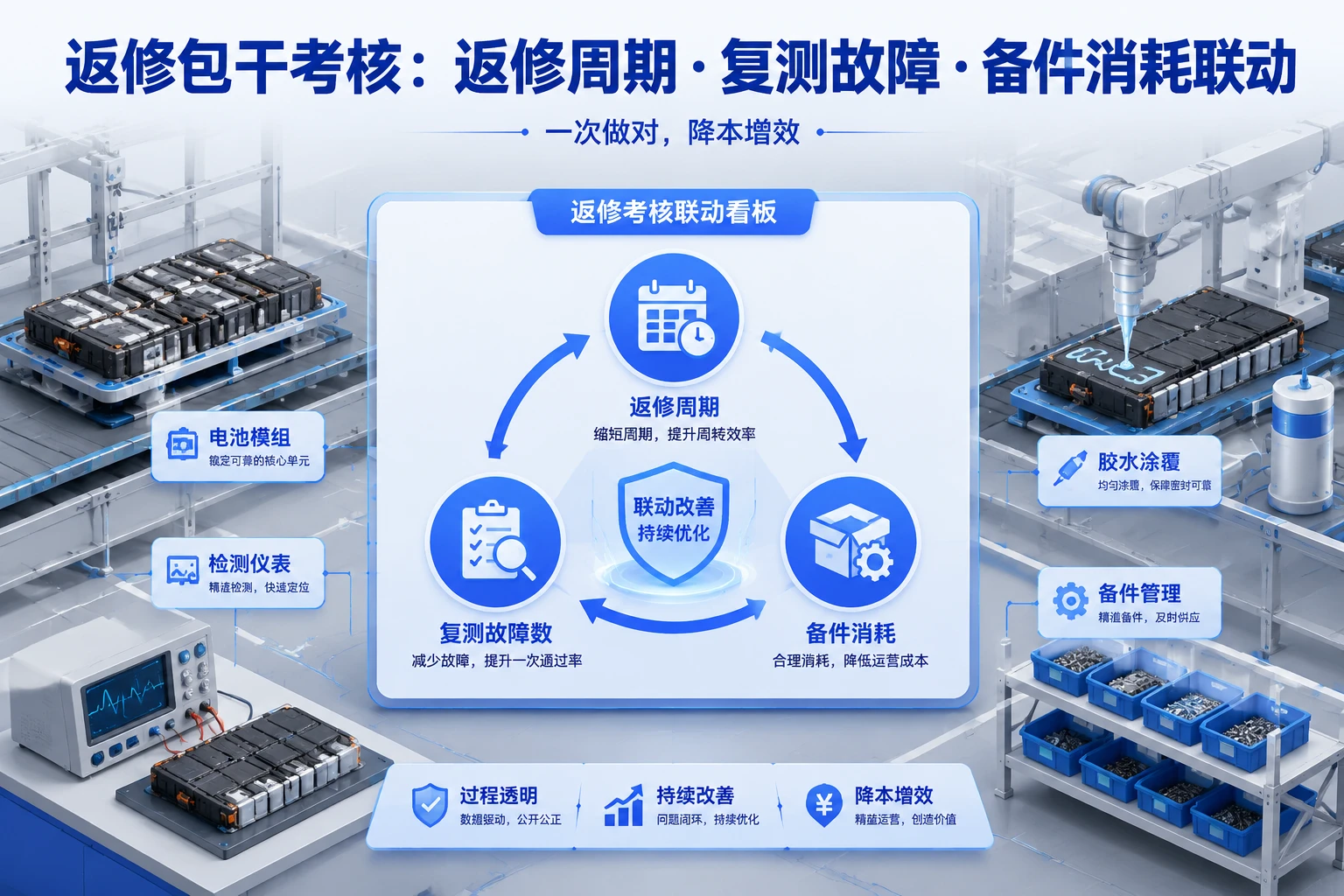Pack返修班组包干表：返修周期、复测故障与备件消耗考核