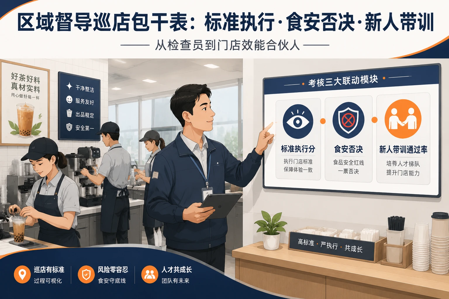 连锁茶饮区域督导巡店包干表:标准执行分、食安否决与新人带训落地考核(2026年版)