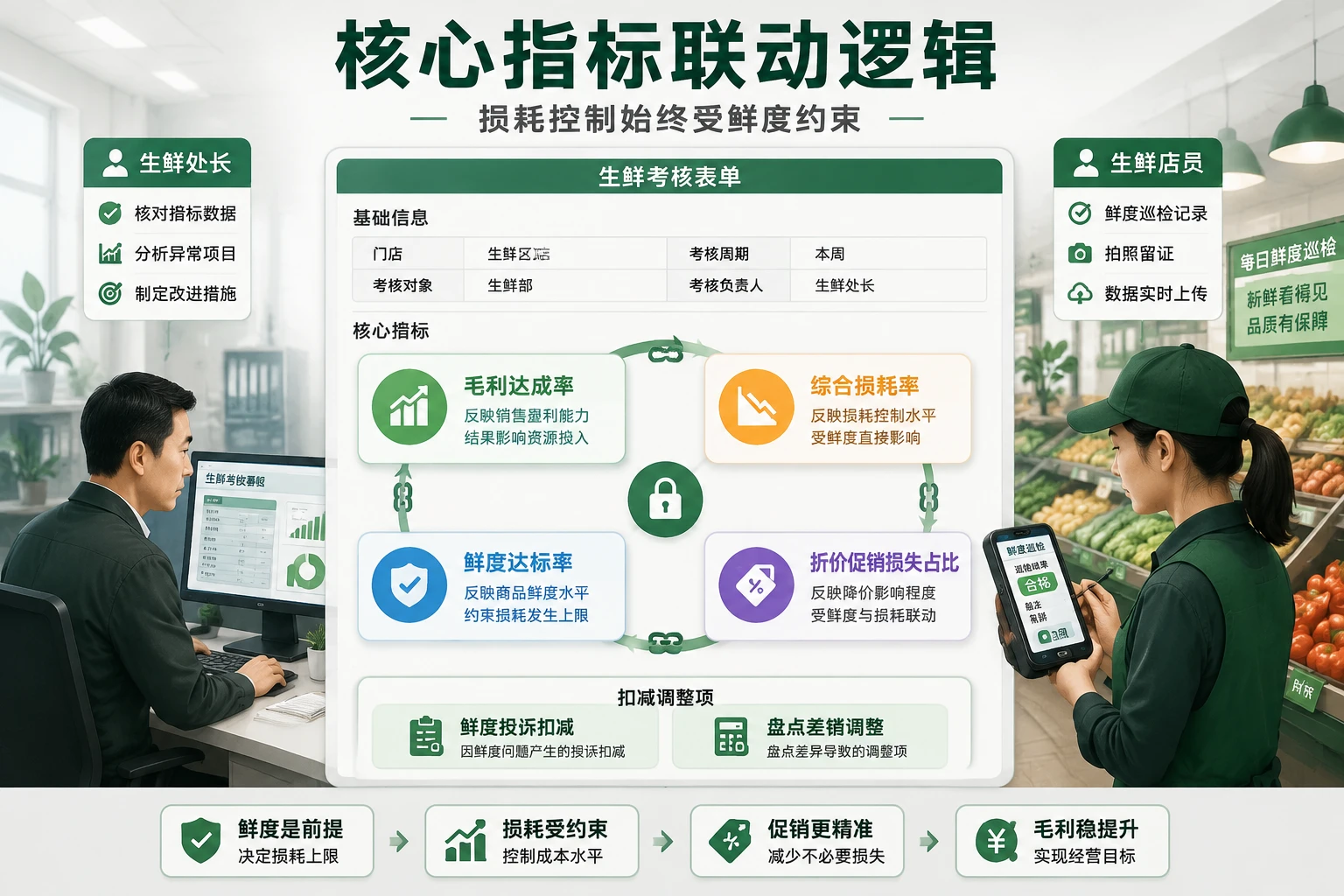 连锁超市生鲜处长毛利损耗包干考核表：损耗率、鲜度达标与折价促销联动（2026年版）
