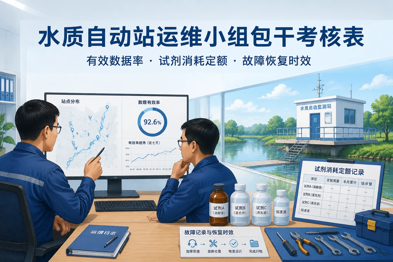 水质自动站运维小组包干考核表:有效数据率与试剂消耗定额