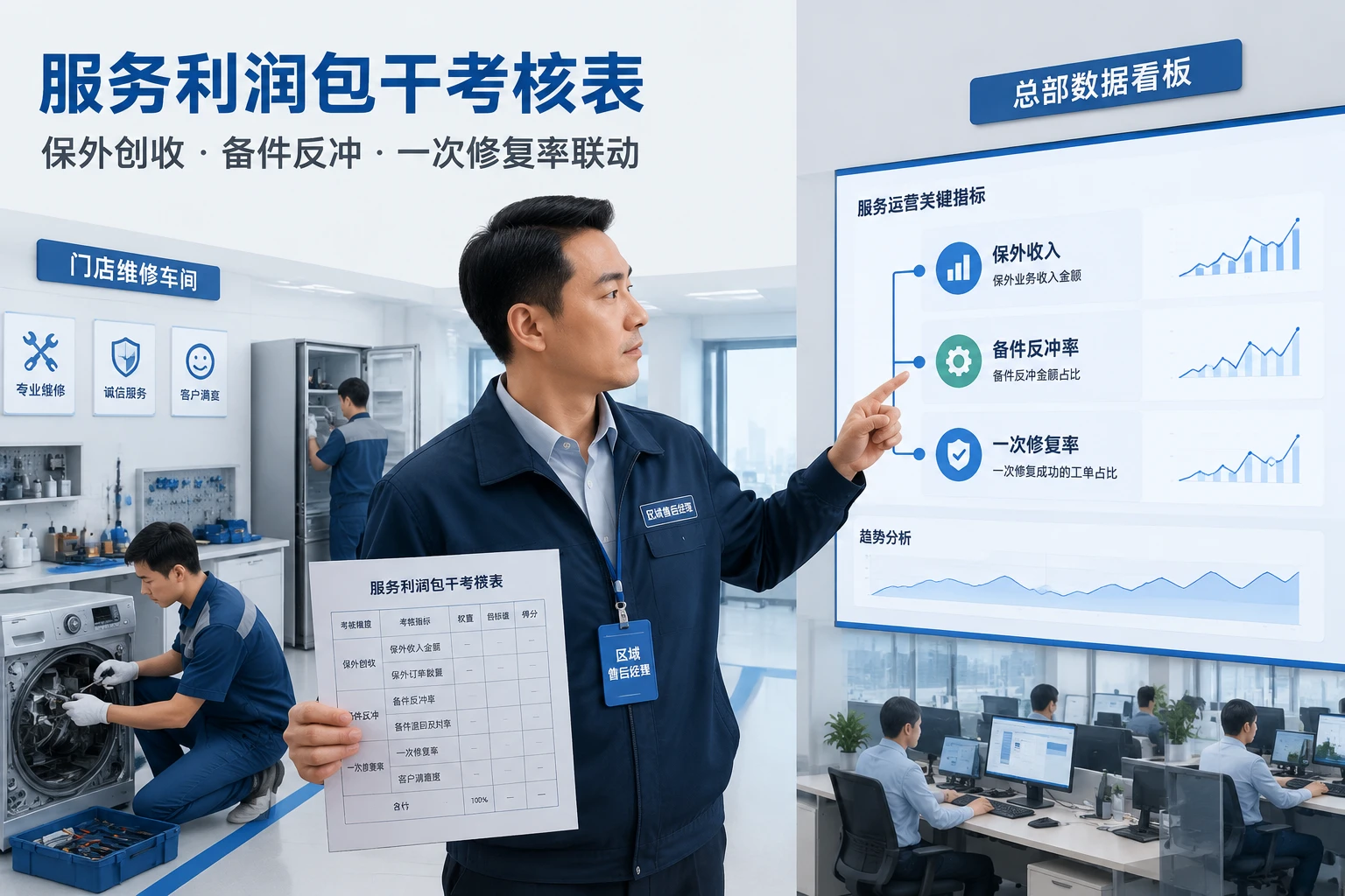 家电售后区域经理包干考核表：保外创收、备件反冲与修复率联动