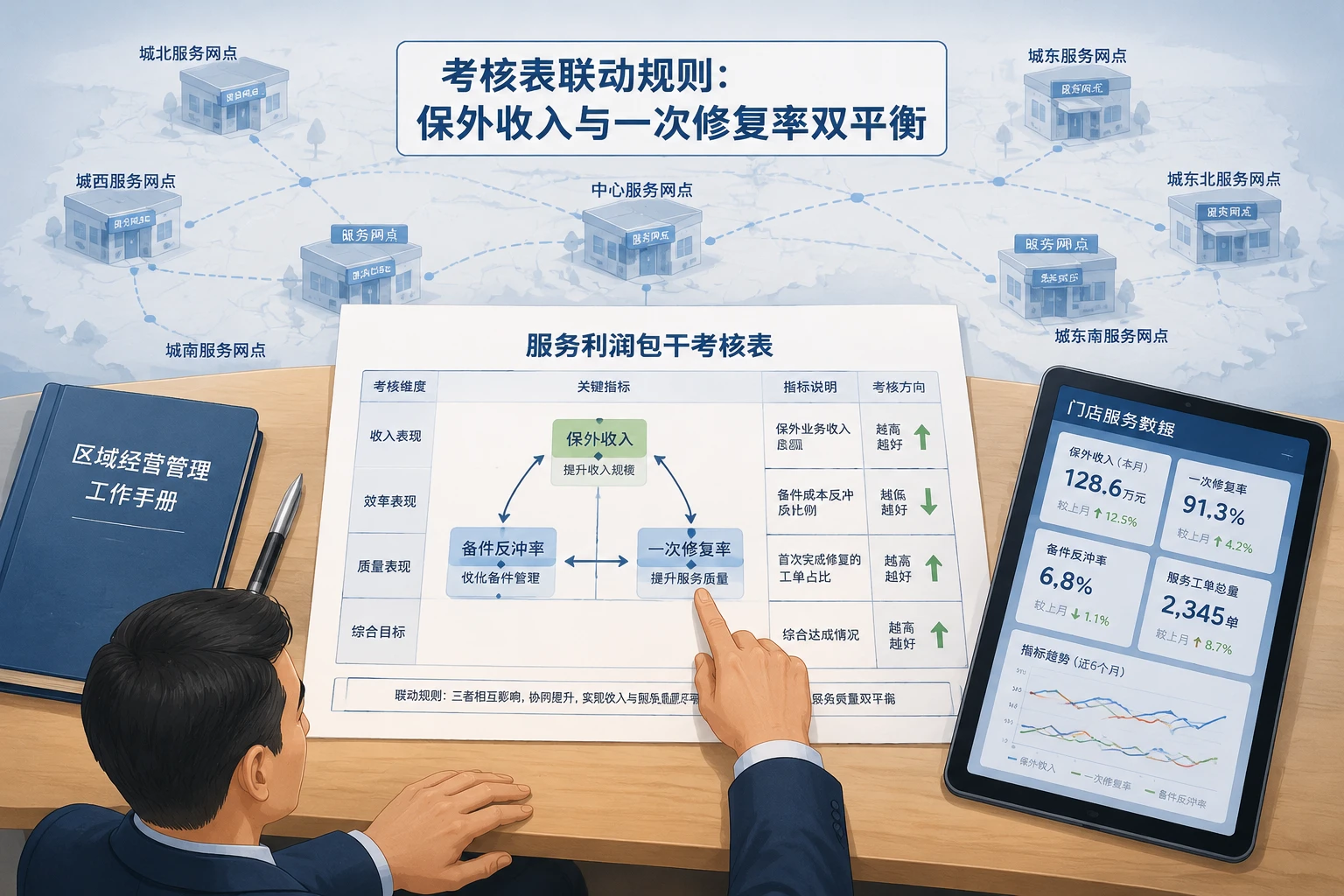 家电售后区域经理包干考核表：保外创收、备件反冲与修复率联动